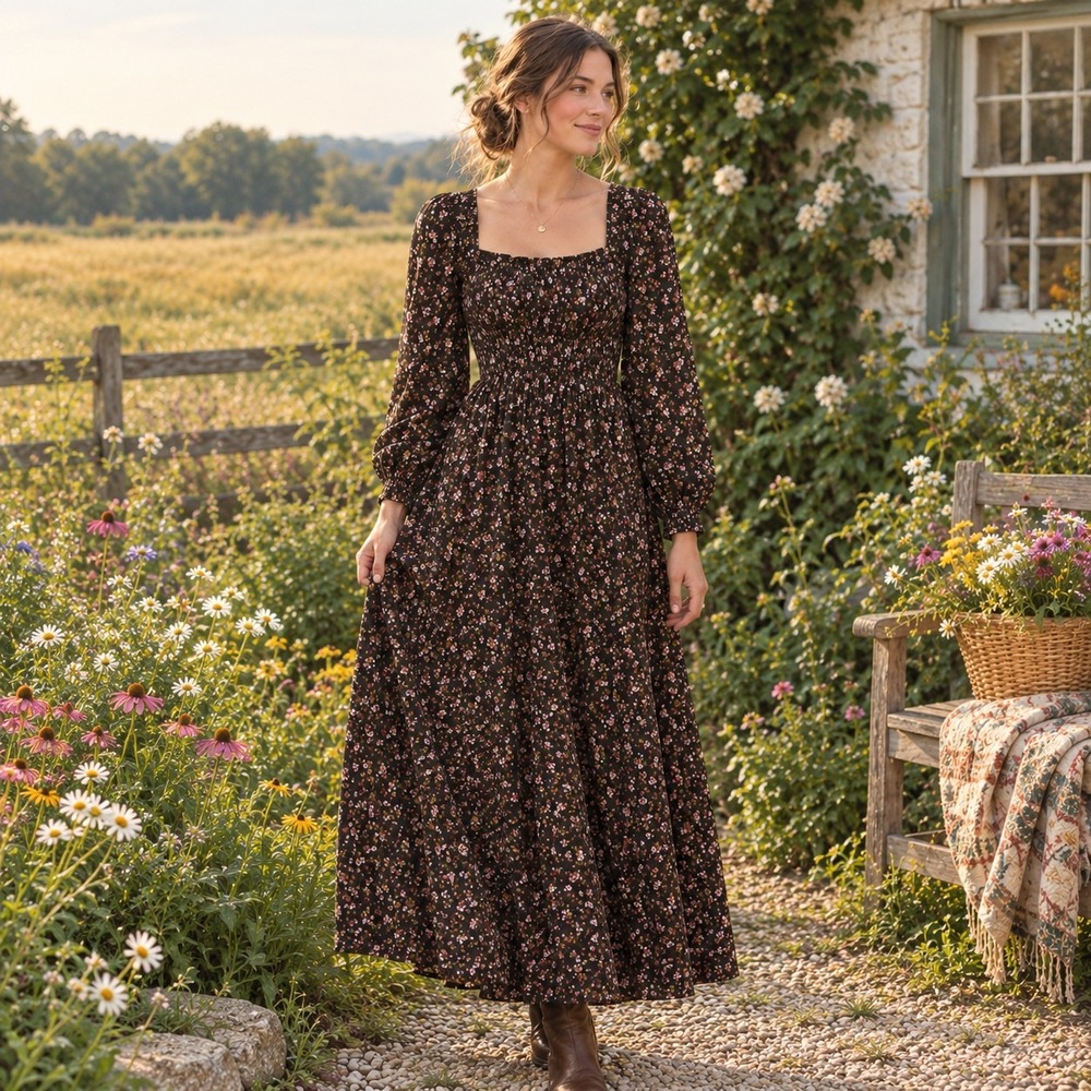 Brown Floral Puffed Sleeve Maxi Dress Women's S Prairie Cottage Core Peasant